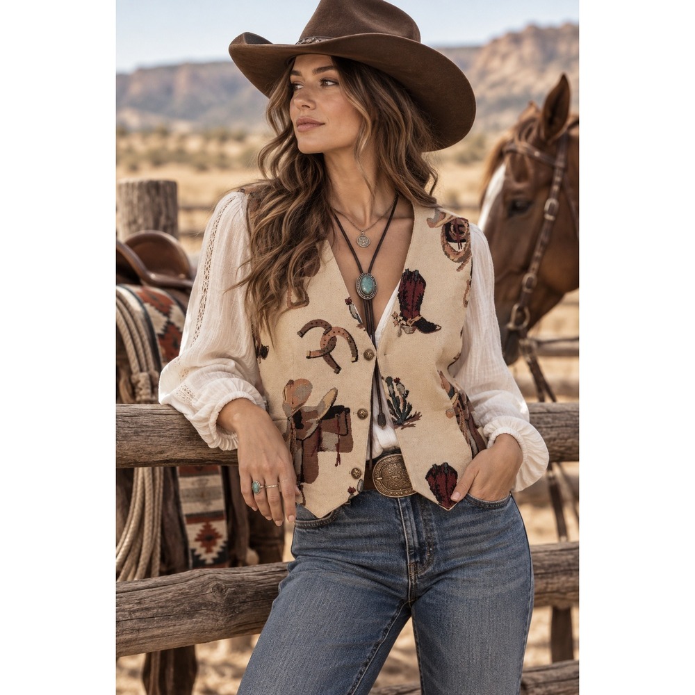 Hamilton Tapestry Vest Womens Large Cream Western Equestrian Horse Vintage USA